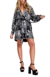 Asos Design Graphic Sequin Long Sleeve Wrap Minidress In Silver/black