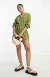 Asos Design Slouchy Linen Look Shirt Romper With Long Sleeve In Olive-green In Brown