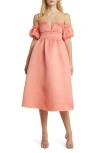 Asos Design Off The Shoulder Puff Sleeve Cocktail Dress In Coral Multi