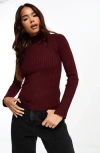 Asos Design Rib Stitch Mock Neck Sweater In Burgundy