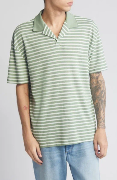 Asos Design Relaxed Camp Collar Polo Shirt In Green Textured Stripe