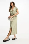 Asos Design Wrap Front Dress In Medium Green