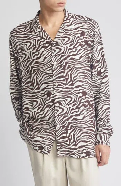 Asos Design Zebra Print Relaxed Long Sleeve Camp Shirt In Brown