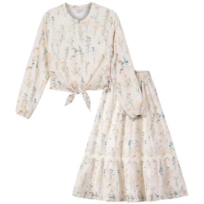 Aspect Floral Woven Tie Front Elastic Waist Shirt And Skirt Set In Pink
