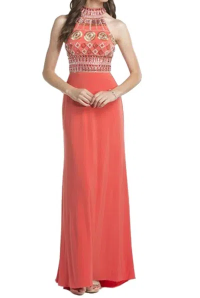 Aspeed Design High Neck Beaded Bodice Jersey Gown In Coral In Brown