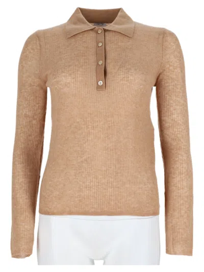 Aspesi Beige Cropped Ribbed Knit Wool-blend Polo Sweater In Nude