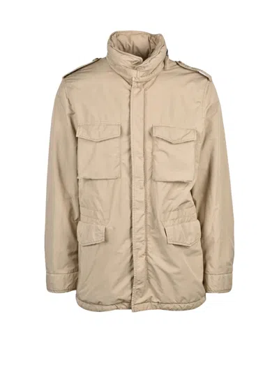 Aspesi Beige Overcoat With Concealed Hood And Quilted Interior In Burgundy