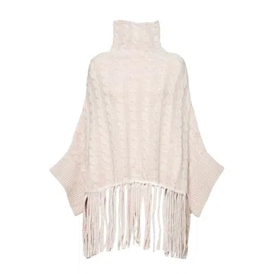 Aspesi Beige Wool Cable Knit Poncho With Fringe In Neutrals
