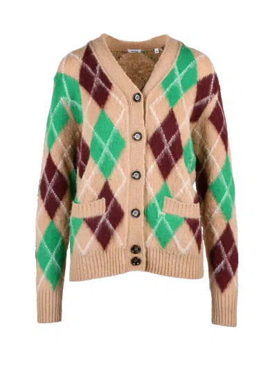 Aspesi Beige/green Argyle Pattern V-neck Wool Cardigan In Multi