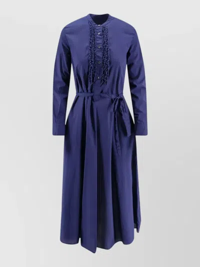 Aspesi Belted Waist Midi Dress Button Ruffle In Blue