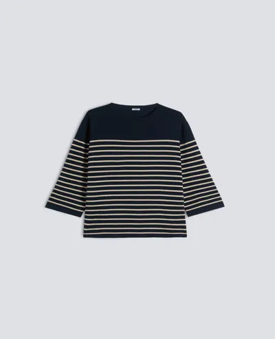 Aspesi Boat Neck Sweater In Pure Striped Cotton Yarn In Blue