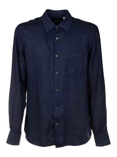 Aspesi Linen Shirt With Patch Pocket In Dark Blue