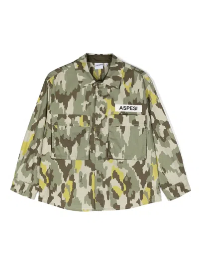 Aspesi Kids' Camouflage-print Cotton Shirt In 绿色