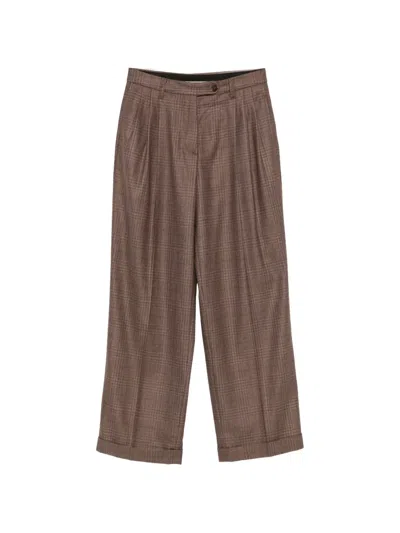 Aspesi Check Pleated Trousers In Brown