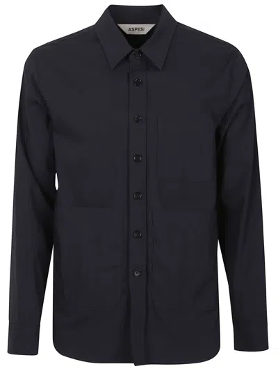 ASPESI CLASSIC BLACK COTTON BUTTON-UP SHIRT WITH MULTIPLE POCKETS