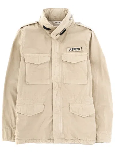 Aspesi High Collar Jacket Adjustable Cuffs Epaulettes In Neutral