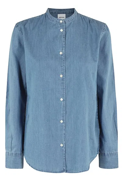 Aspesi Collarless Buttoned Denim Shirt In Blue