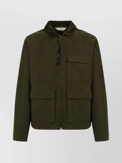 Aspesi Cotton Jacket With Zip And Corduroy Collar In Green