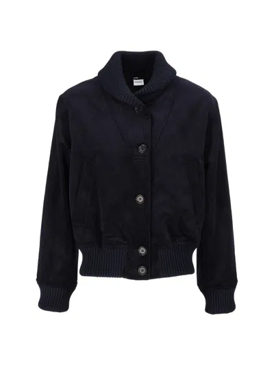 Aspesi Cropped Black Ribbed Shawl-collar Corduroy Jacket In Blue
