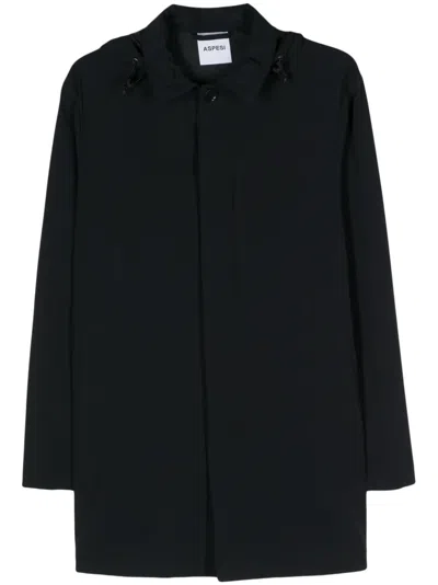 Aspesi Detachable Hood Buttoned Coat In Blue