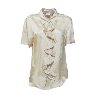ASPESI ECRU VISCOSE SHORT SLEEVE BLOUSE WITH RUFFLES