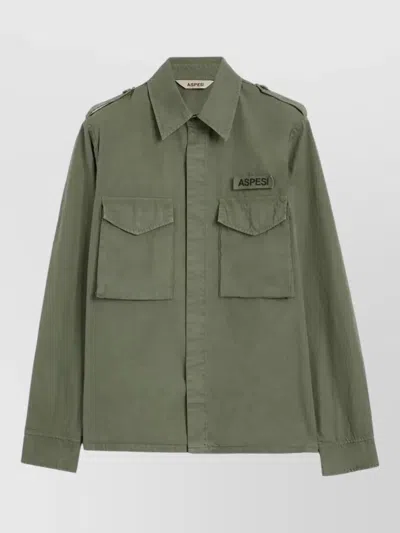 Aspesi Field Shirt Jacket Epaulettes Buttoned Cuffs Pockets In Green