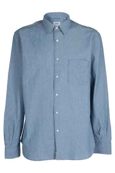 ASPESI FITTED LIGHT DENIM CHAMBRAY SHIRT WITH POINTED COLLAR