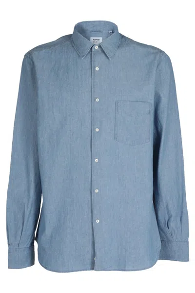 Aspesi Fitted Light Denim Chambray Shirt With Pointed Collar In Blue