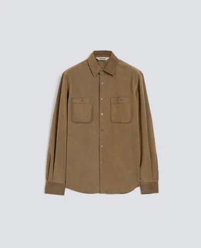 Aspesi Flocked Chambray Work Shirt With Recycled Leather In Brown