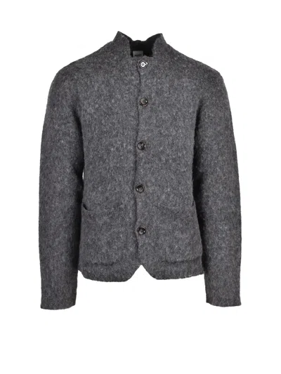 Aspesi Grey Textured Knit Crew Neck Wool Cardigan In Gray