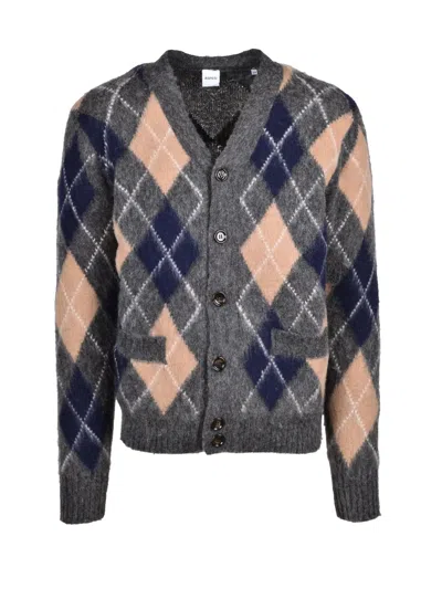 Aspesi Grey/beige Argyle Pattern V-neck Wool Cardigan In Gray