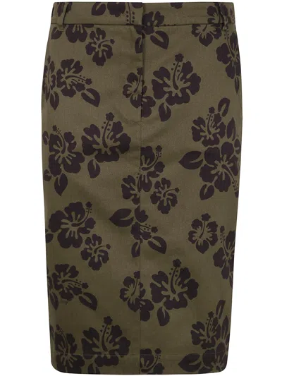 Aspesi Hibiscus Print Cotton Midi Skirt In Green