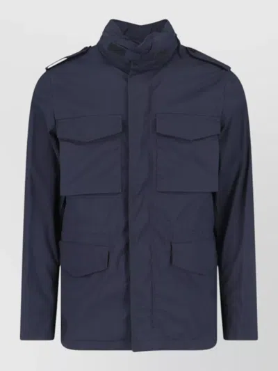 Aspesi High Collar Jacket Epaulettes Front Flap Pockets In Blue