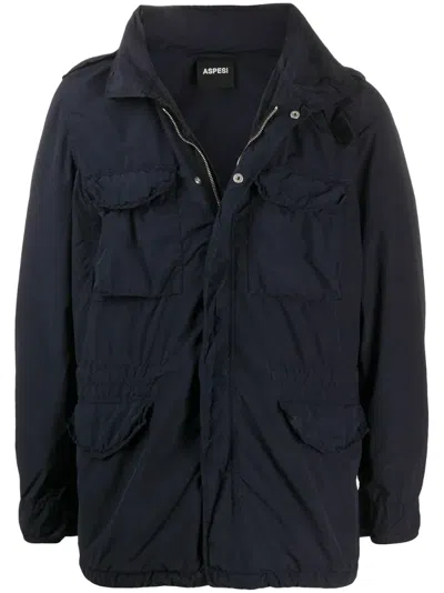 Aspesi Hooded Zipped Jacket In Blue