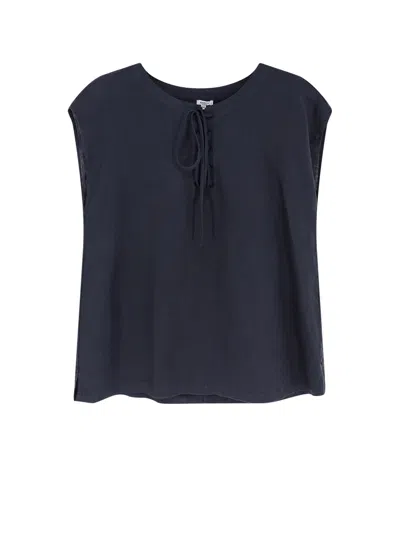 Aspesi Linen Shirt Round Hem Side Slits Sleeveless In Blue