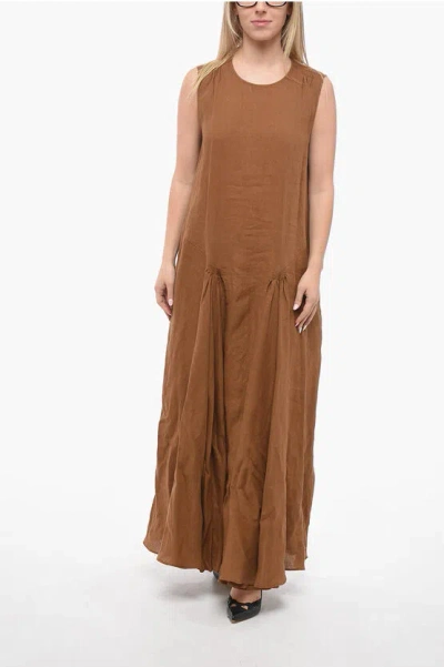 Aspesi Linen Sleeveless Dress With Gathered Detail In Brown
