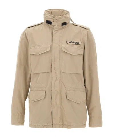 Aspesi High Collar Jacket Adjustable Cuffs Epaulettes In Neutral