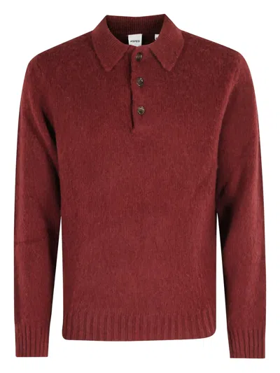 Aspesi Classic Ribbed Long-sleeve Polo With Buttoned Neckline In Red