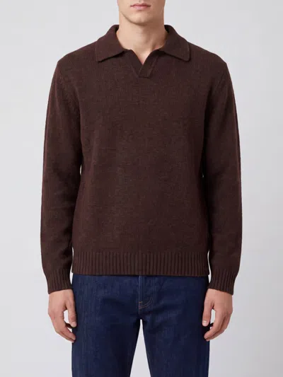 Aspesi Long-sleeved Wool Knit Polo Shirt With A Classic Collar In Brown