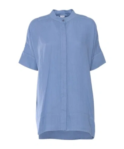 Aspesi Mandarin Collar Short Sleeved Shirt In Blue