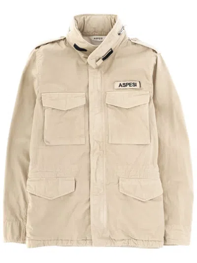 Aspesi High Collar Jacket Adjustable Cuffs Epaulettes In Neutral