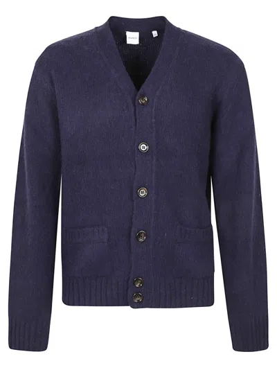 Aspesi Navy Wool Cardigan With Button Fastening And Ribbed Accents In Blue