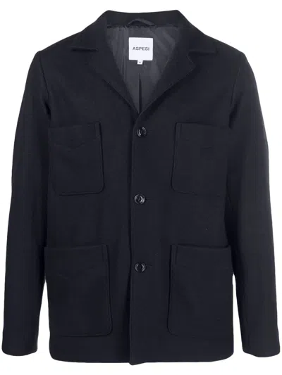 Aspesi Notched-collar Wool Shirt Jacket In Blue