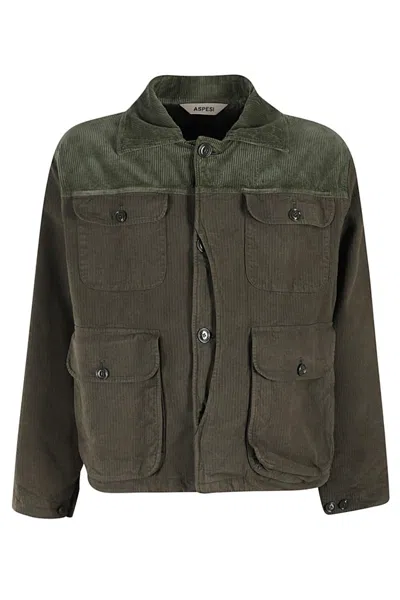 Aspesi Overfit Cotton Jacket With Pointed Corduroy Collar In Green