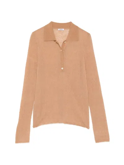 Aspesi Ribbed-knit Long-sleeve Polo Top In Nude