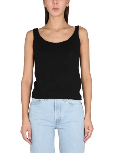 Aspesi Round Shoulder Ribbed Cotton Top For Women In Black