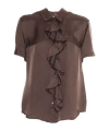 Aspesi Short-sleeved Blouse With Delicate Ruffle Detail And Lustrous Finish In Brown