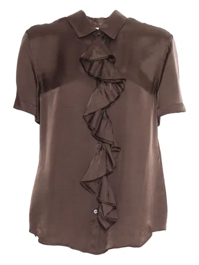 Aspesi Short-sleeved Blouse With Delicate Ruffle Detail And Lustrous Finish In Brown