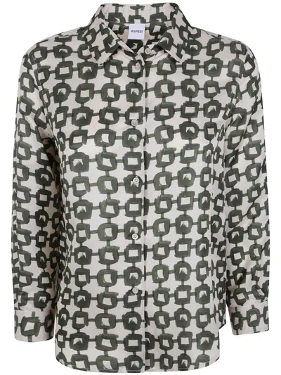 Aspesi Geometric-print Long-sleeve Shirt In Green