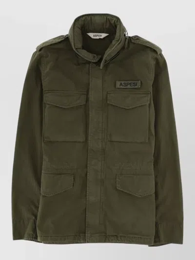 Aspesi Short Field Jacket High Collar Epaulettes Pockets In Green